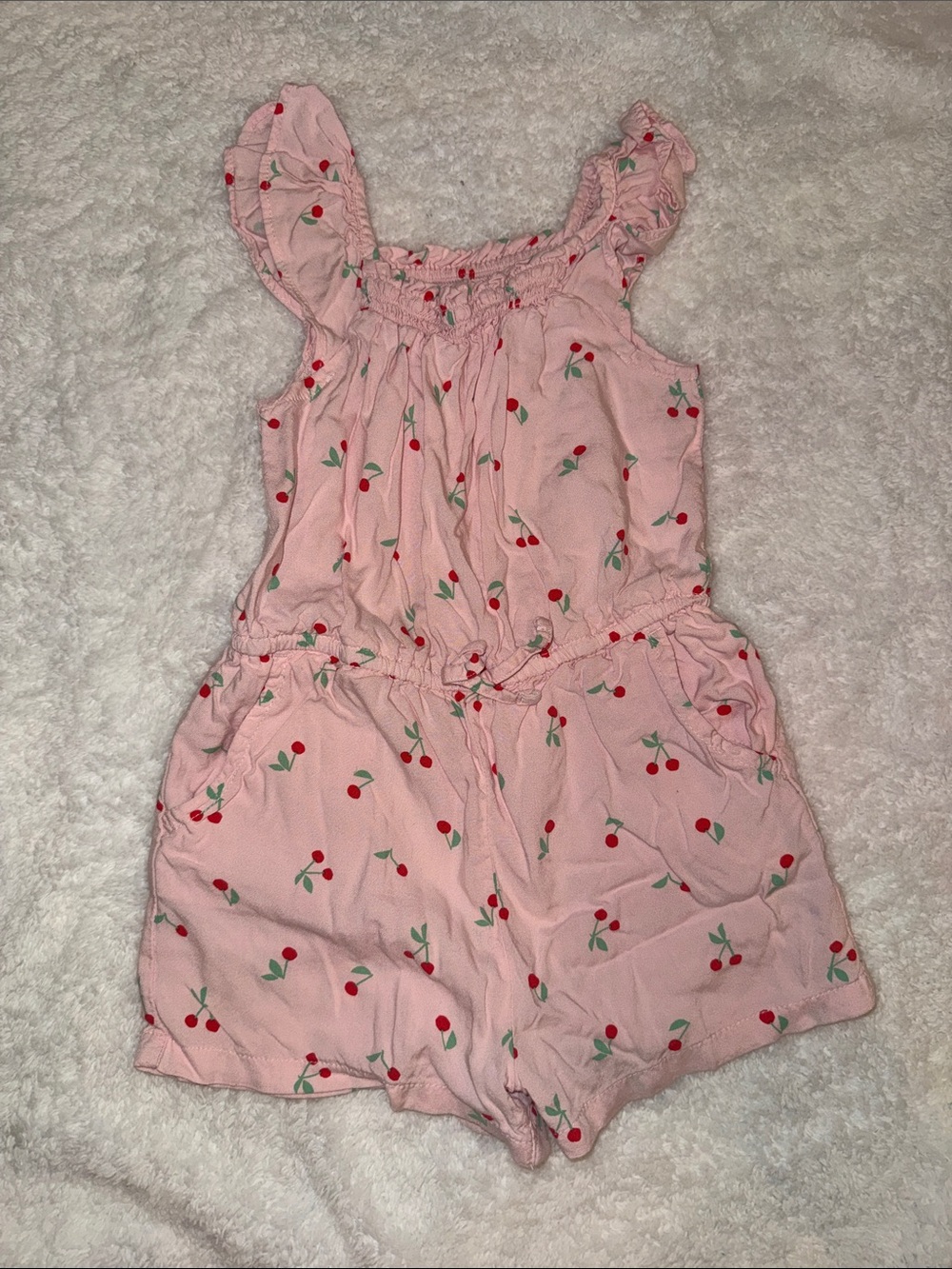 Girls Pink Cherry Print Romper
